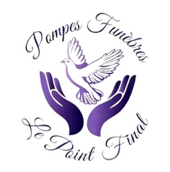 Image d'une colombe relâchée par deux mains. L'écriture "Pompes Funèbres - Le Point Final" entoure ces deux éléments.